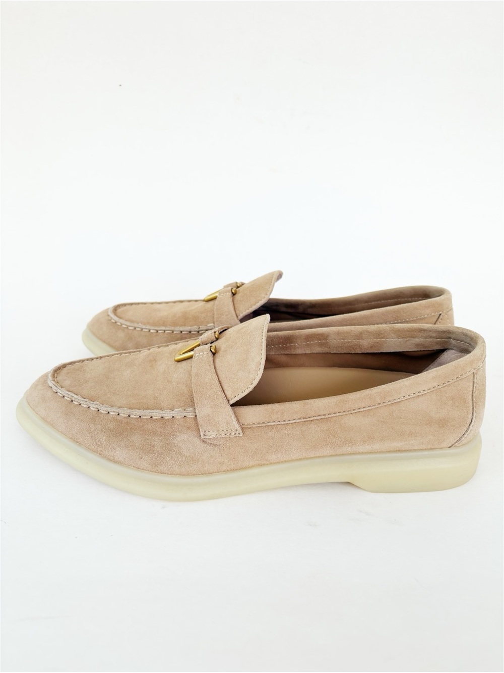 Veronica Beard Ailey Suede Loafers Beige Camel Gold V Hardware Size 6.5 - Picture 5 of 15